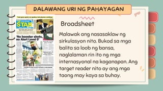 )
)
)
)
)
)
)
)
)
Broadsheet
)
)
)
)
)
)
)
)
)
Malawak ang nasasaklaw ng
sirkulasyon nito. Bukod sa mga
balita sa loob ng bansa,
naglalaman rin ito ng mga
internasyonal na kaganapan. Ang
target reader nito ay ang mga
taong may kaya sa buhay.
 