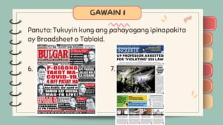 )
)
)
)
)
)
)
)
)
)
)
)
)
)
)
)
)
)
Panuto: Tukuyin kung ang pahayagang ipinapakita
ay Broadsheet o Tabloid.
6. 7.
 