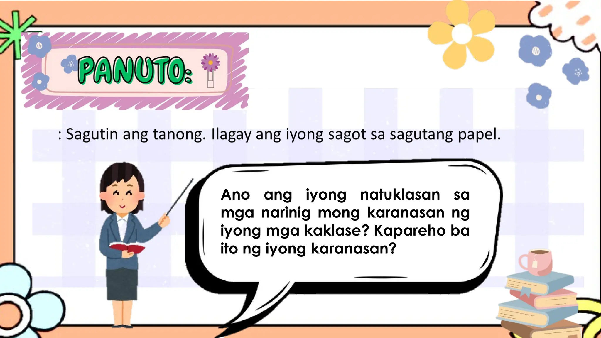 Ano ang iyong natuklasan sa
mga narinig mong karanasan ng
iyong mga kaklase? Kapareho ba
ito ng iyong karanasan?
 