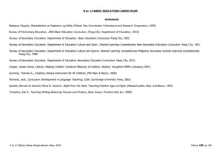 K to 12 BASIC EDUCATION CURRICULUM
K to 12 Filipino Gabay Pangkurikulum Mayo 2016 Pahina 190 ng 190
REFERENCES
Badayos, Paquito, Metodolohiya sa Pagtuturo ng Wika, (Makati City, Grandwater Publications and Research Corporation, 1999)
Bureau of Elementary Education, 2002 Basic Education Curriculum, (Pasig City: Department of Education, 2010)
Bureau of Secondary Education, Department of Education. Basic Education Curriculum. Pasig City, 2002.
Bureau of Secondary Education, Department of Education Culture and Sport. Desired Learning Competencies New Secondary Education Curriculum. Pasig City, 1991.
Bureau of Secondary Education, Department of Education Culture and Sports. Desired Learning Competencies Philippine Secondary Schools Learning Competencies.
Pasig City, 1998.
Bureau of Secondary Education, Department of Education Secondary Education Curriculum. Pasig City, 2010.
Cooper, James David, Literacy Helping Children Construct Meaning 3rd edition, (Boston: Houghton Mifflin Company,1997)
Gunning, Thomas G., Creating Literacy Instruction for All Children, (MA Allyn & Bacon, 2000)
Richards, Jack, Curriculum Development in Language Teaching, (USA: Cambridge University Press, 2001)
Spodek, Bernard & Saracho Olivia N. Saracho. Right from the Start, Teaching Children Ages to Eight, (Massachusetts, Allyn and Bacon, 1994)
Tompkins, Gail E, Teaching Writing Balancing Process and Product, (New Jersey: Prentice-Hall, Inc. 2000)
 