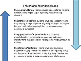 4 na paraan ng pagdidiskurso
Pasasalaysay/Narativ - pangungusap na naglalahad ng isang
katotohanang bagay. Dapat bigyan ng katuturan ang
sinasabi.
Paglalahad/Ekspositori- ay isang anyo ng pagpapahayag na
naglalayong mabigyang-linaw ang isang konsepto o kaisipan,
bagay o paninindigan upang lubos na maunawaan ng
nakikinig o bumabasa
Pangngangatwiran/Argumentatib- may layuning
manghikayat at magpapaniwala sa pamamagitan ng
makatwirang mga pananalita. Kailangan na maging masuri at
naayon.
Paglalarawan/Deskriptiv - isang anyo ng diskurso na
nagpapahayag ng sapat na na detalye o katangian ng isang
tao, bagay, pook o damdamin upang ang isang mambabasa
ay makalikha ng isang larawan na aayon sa inilalarawan
 