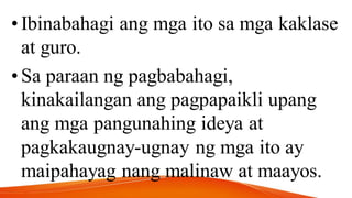 •Ibinabahagi ang mga ito sa mga kaklase
at guro.
•Sa paraan ng pagbabahagi,
kinakailangan ang pagpapaikli upang
ang mga pangunahing ideya at
pagkakaugnay-ugnay ng mga ito ay
maipahayag nang malinaw at maayos.
 