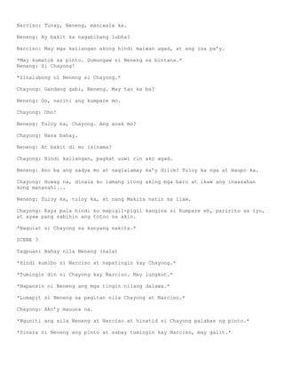 Narciso: Tunay, Neneng, maniwala ka.

Neneng: Ay bakit ka nagabihang lubha?

Narciso: May mga kailangan akong hindi maiwan agad, at ang isa pa’y…

*May kumatok sa pinto. Dumungaw si Neneng sa bintana.*
Neneng: Si Chayong!

*Sinalubong ni Neneng si Chayong.*

Chayong: Gandang gabi, Neneng. May tao ka ba?

Neneng: Oo, narini ang kumpare mo.

Chayong: Oho!

Neneng: Tuloy ka, Chayong. Ang anak mo?

Chayong: Nasa bahay.

Neneng: At bakit di mo isinama?

Chayong: Hindi kailangan, pagkat uuwi rin ako agad.

Neneng: Ano ba ang sadya mo at naglalamay ka’y dilim? Tuloy ka nga at maupo ka.

Chayong: Huwag na, dinala ko lamang itong aking mga baro at ikaw ang inaasahan
kong mananahi...

Neneng: Tuloy ka, tuloy ka, at nang Makita natin sa ilaw.

Chayong: Kaya pala hindi ko mapigil-pigil kangina si Kumpare eh, paririto sa iyo,
at ayaw pang sabihin ang totoo sa akin.

*Nagulat si Chayong sa kanyang nakita.*

SCENE 3

Tagpuan: Bahay nila Neneng (sala)

*Hindi kumibo si Narciso at napatingin kay Chayong.*

*Tumingin din si Chayong kay Narciso. May lungkot.*

*Napansin ni Neneng ang mga tingin nilang dalawa.*

*Lumapit si Neneng sa pagitan nila Chayong at Narciso.*

Chayong: Ako’y mauuna na.

*Nguniti ang sila Neneng at Narciso at hinatid si Chayong palabas ng pinto.*

*Sinara ni Neneng ang pinto at sabay tumingin kay Narciso, may galit.*
 