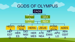 GODS OF OLYMPUS
URAN
O
GEA
CAOS
CRON
OS
REA
HESTI
A
DEME
TER
HERA ZEUS
POSE
IDON
ADES
HEF
EST
O
HER
ES
DIO
NISI
O
HER
MES
ATE
NEA
ART
EMIS
A
APO
LO
AFR
ODIT
A
 