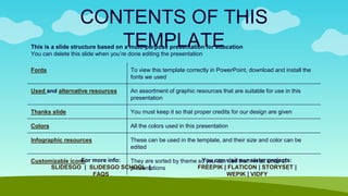 CONTENTS OF THIS
TEMPLATE
Fonts To view this template correctly in PowerPoint, download and install the
fonts we used
Used and alternative resources An assortment of graphic resources that are suitable for use in this
presentation
Thanks slide You must keep it so that proper credits for our design are given
Colors All the colors used in this presentation
Infographic resources These can be used in the template, and their size and color can be
edited
Customizable icons They are sorted by theme so you can use them in all kinds of
presentations
This is a slide structure based on a multi-purpose presentation for education
You can delete this slide when you’re done editing the presentation
For more info:
SLIDESGO | SLIDESGO SCHOOL |
FAQS
You can visit our sister projects:
FREEPIK | FLATICON | STORYSET |
WEPIK | VIDFY
 