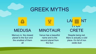 MEDUSA
Mercury is the closest
planet to the Sun and
the smallest of them
all
Venus has a beautiful
name and is the
second planet from
the Sun
Despite being red,
Mars is actually a cold
place. It’s full of iron
oxide dust
MINOTAUR
LABYRINT
H OF
CRETE
GREEK MYTHS
 