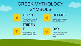 TORCH
Venus is the second
planet from the Sun
Jupiter is the biggest
planet of them all
GREEK MYTHOLOGY
SYMBOLS
TRIDEN
T
Despite being red,
Mars is a cold place
Saturn is a gas giant
and has several
rings
HELMET
RAY
 