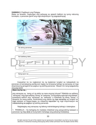 DEPED COPY
30
GAWAIN 2: Pagtibayin ang Palagay
Batay sa larawan, dugtungan ang pahayag sa speech balloon ng iyong nabuong
konsepto, o pananaw gamit ang mga ekspresiyon ng pagpapahayag.
Inaasahan ko na nagkaroon ka ng kaalaman tungkol sa nakapaloob na
pananaw at kamalayang panlipunan taglay sa binasang bahagi ng sanaysay at mga
ekspresiyong ginagamit sa pagbuo ng sariling pananaw. Maaari mo nang ipagpatuloy
ang pag-aaral.
Alam mo ba na...
ang sanaysay ay isang uri ng akda na nasa anyong tuluyan? Makikita sa salitang
“sanaysay”angmgasalitang“sanay”at“salaysay.”Kungpagdurugtunginangdalawa,
puwedeng sabihin ang “sanaysay” ay “salaysay” o masasabi ng isang “sanay” o
eksperto sa isang paksa. Karaniwang ang paksa ng mga sanaysay ay tungkol sa
mga kaisipan at bagay-bagay na maaaring kapulutan ng mga impormasyon na
makatutulong sa pagbuo ng sariling pananaw.
Nagtataglay ang sanaysay ng tatlong mahahalagang bahagi o balangkas:
1. PANIMULA – Sa bahaging ito madalas inilalahad ang pangunahing kaisipan o
pananaw ng may-akda at kung bakit mahalaga ang paksang tinatalakay.
Sa aking pananaw,_________________________________________
________________________________________________________
Sa kabilang dako,__________________________________________
________________________________________________________
Ayon sa,_________________________________________________
________________________________________________________
Sang-ayon sa,____________________________________________
________________________________________________________
All rights reserved. No part of this material may be reproduced or transmitted in any form or by any means -
electronic or mechanical including photocopying without written permission from the DepEd Central Office.
 