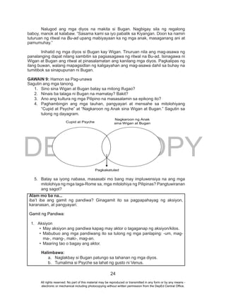 DEPED COPY
24
Nalugod ang mga diyos na makita si Bugan. Nagbigay sila ng regalong
baboy, manok at kalabaw. “Sasama kami sa iyo pabalik sa Kiyangan. Doon ka namin
tuturuan ng ritwal na Bu-ad upang mabiyayaan ka ng mga anak, masaganang ani at
pamumuhay.”
Inihatid ng mga diyos si Bugan kay Wigan. Tinuruan nila ang mag-asawa ng
panalanging dapat nilang sambitin sa pagsasagawa ng ritwal na Bu-ad. Isinagawa ni
Wigan at Bugan ang ritwal at pinasalamatan ang kanilang mga diyos. Pagkalipas ng
ilang buwan, walang mapagsidlan ng kaligayahan ang mag-asawa dahil sa buhay na
tumitibok sa sinapupunan ni Bugan.
GAWAIN 9: Hamon sa Pag-unawa
Sagutin ang mga tanong.
1. Sino sina Wigan at Bugan batay sa mitong Ifugao?
2. Ninais ba talaga ni Bugan na mamatay? Bakit?
3. Ano ang kultura ng mga Pilipino na masasalamin sa epikong ito?
4. Paghambingin ang mga tauhan, pangyayari at mensahe sa mitolohiyang
“Cupid at Psyche” at “Nagkaroon ng Anak sina Wigan at Bugan.” Sagutin sa
tulong ng dayagram.
5. Batay sa iyong nabasa, masasabi mo bang may impluwensiya na ang mga
mitolohiya ng mga taga-Rome sa, mga mitolohiya ng Pilipinas? Pangtuwiranan
ang sagot?
Alam mo ba na...
iba’t iba ang gamit ng pandiwa? Ginagamit ito sa pagpapahayag ng aksiyon,
karanasan, at pangyayari.
Gamit ng Pandiwa:
1. Aksiyon
•	 May aksiyon ang pandiwa kapag may aktor o tagaganap ng aksiyon/kilos.
•	 Mabubuo ang mga pandiwang ito sa tulong ng mga panlaping: -um, mag-
ma-, mang-, maki-, mag-an.
•	 Maaring tao o bagay ang aktor.
Halimbawa:
a. Naglakbay si Bugan patungo sa tahanan ng mga diyos.
b. Tumalima si Psyche sa lahat ng gusto ni Venus.
Cupid at Psyche
Nagkaroon ng Anak
sina Wigan at Bugan
Pagkakatulad
All rights reserved. No part of this material may be reproduced or transmitted in any form or by any means -
electronic or mechanical including photocopying without written permission from the DepEd Central Office.
 