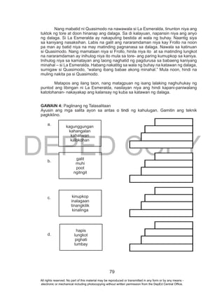 DEPED COPY
79
Nang mabatid ni Quasimodo na nawawala si La Esmeralda, tinunton niya ang
tuktok ng tore at doon hinanap ang dalaga. Sa di kalayuan, napansin niya ang anyo
ng dalaga. Si La Esmeralda ay nakaputing bestida at wala ng buhay. Naantig siya
sa kaniyang nasaksihan. Labis na galit ang nararamdaman niya kay Frollo na noon
pa man ay batid niya na may matinding pagnanasa sa dalaga. Nawala sa katinuan
si Quasimodo. Nang mamataan niya si Frollo, hinila niya ito at sa matinding lungkot
na nararamdaman ay inihulog niya ito mula sa tore- ang paring kumupkop sa kaniya.
Inihulog niya sa kamatayan ang taong naghatid ng pagdurusa sa babaeng kaniyang
minahal – si La Esmeralda. Habang nakatitig sa wala ng buhay na katawan ng dalaga,
sumigaw si Quasimodo, “walang ibang babae akong minahal.” Mula noon, hindi na
muling nakita pa si Quasimodo.
Matapos ang ilang taon, nang matagpuan ng isang lalaking naghuhukay ng
puntod ang libingan ni La Esmeralda, nasilayan niya ang hindi kapani-paniwalang
katotohanan- nakayakap ang kalansay ng kuba sa katawan ng dalaga.
GAWAIN 4: Paglinang ng Talasalitaan
Ayusin ang mga salita ayon sa antas o tindi ng kahulugan. Gamitin ang teknik
pagkiklino.
a.
b.
c.
d.
kagunggungan
kahangalan
kabaliwan
kalokohan
galit
muhi
poot
ngitngit
kinupkop
inalagaan
tinangkilik
kinalinga
hapis
lungkot
pighati
lumbay
All rights reserved. No part of this material may be reproduced or transmitted in any form or by any means -
electronic or mechanical including photocopying without written permission from the DepEd Central Office.
 