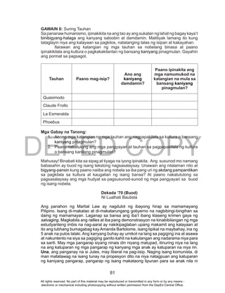 DEPED COPY
81
GAWAIN 6: Suring Tauhan
Sa pananaw humanismo, ipinakikita na ang tao ay ang sukatan ng lahat ng bagay kaya’t
binibigyang-halaga ang kanyang saloobin at damdamin. Matitiyak lamang ito kung
tataglayin niya ang kalayaan sa pagkilos, natatanging talas ng isipan at kakayahan.
Ilarawan ang katangian ng mga tauhan sa nobelang binasa at paano
ipinakikilala ang kultura o pagkakakilanlan ng bansang kaniyang pinagmulan. Gayahin
ang pormat sa pagsagot.
Tauhan Paano mag-isip?
Ano ang
kaniyang
damdamin?
Paano ipinakita ang
mga namumukod na
katangian na mula sa
bansang kaniyang
pinagmulan?
Quasimodo
Claude Frollo
La Esmeralda
Phoebus
Mga Gabay na Tanong:
1. Anong mga katangian ng mga tauhan ang nagpapakilala sa kultura o bansang
kaniyang pinagmulan?
2. Paano nakatulong ang mga pangyayari at tauhan sa pagpapakilala ng kultura
o bansang kanilang pinagmulan?
Mahusay! Binabati kita sa sipag at tiyaga na iyong ipinakita. Ang susunod mo namang
babasahin ay buod ng isang tekstong nagsasalaysay. Unawain ang nilalaman nito at
bigyang-pansin kung paano naiiba ang nobela sa iba pang uri ng akdang pampanitikan
sa pagkilala sa kultura at kaugalian ng isang bansa? At paano nakatutulong sa
pagsasalaysay ang mga hudyat sa pagsusunod-sunod ng mga pangyayari sa buod
ng isang nobela.
Dekada ’70 (Buod)
Ni Lualhati Bautista
Ang panahon ng Martial Law ay nagdulot ng ibayong hirap sa mamamayang
Pilipino. Isang di-makatao at di-makatarungang gobyerno na nagbibingi-bingihan sa
daing ng mamamayan. Laganap sa bansa ang iba’t ibang klaseng krimen gaya ng
salvaging. Magkabila ang rallies at iba pang demonstrasyon na kinabibilangan ng mga
estudyanteng imbis na nag-aaral ay nakikipaglaban upang makamit ang kalayaan at
ito ang lubhang bumagabag kay Amanda Bartolome, isang tipikal na maybahay, ina ng
5 anak na pulos lalaki. Ang kanyang buhay ay umikot na lang sa pagiging ina at asawa
at nakuntento na siya sa pagiging ganito kahit na kakulangan ang nadarama niya para
sa sarili. May mga pangarap siyang ninais din niyang matupad, itinuring niya na lang
na ang katuparan ng mga pangarap ng kanyang mga anak ay katuparan na niya rin.
Una, ang panganay na si Jules, may liberal na pag-iisip. Naging isang komunista, di
man matatawag na isang tunay na propesyon dito na niya natagpuan ang katuparan
ng kaniyang pangarap, pangarap ng isang makataong lipunan para sa anak nila ni
All rights reserved. No part of this material may be reproduced or transmitted in any form or by any means -
electronic or mechanical including photocopying without written permission from the DepEd Central Office.
 