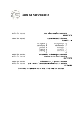 ARALIN
3.1
(Panitikan:
Hele
ng
Ina
sa
Kaniyang
Panganay)
SIMULAN
Gawain
1:
Talinghaga
at
Simbolo
Ko,
Tarukin
Mo!
Gawain
2:
Suriin
at
Paghambingin
LAKBAYIN
Gawain
3:
Pag-unawa
sa
Akda
Gawain
4:
Paglinang
ng
Talasalitaan
A.
1.
katuwaan
2.
kagalakan
3.
kasiyahan
4.
kaligayahan
5.
kaluwalhatian
B.
1.
lungkot
2.
lumbay
3.
pighati
4.
dalamhati
5.
pagdurusa
GALUGARIN
Gawain
5:
Ipaliwanag
Mo!
PALALIMIN
Gawain
6:
Paghambingin
Mo!
Iba-iba
ang
sagot.
Iba-iba
ang
sagot.
Iba-iba
ang
sagot.
Iba-iba
ang
sagot.
Iba-iba
ang
sagot.
Iba-iba
ang
sagot.
Susi sa Pagwawasto
 