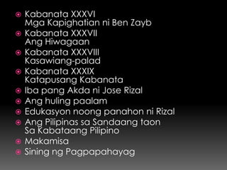    Kabanata XXXVI
    Mga Kapighatian ni Ben Zayb
   Kabanata XXXVII
    Ang Hiwagaan
   Kabanata XXXVIII
    Kasawiang-palad
   Kabanata XXXIX
    Katapusang Kabanata
   Iba pang Akda ni Jose Rizal
   Ang huling paalam
   Edukasyon noong panahon ni Rizal
   Ang Pilipinas sa Sandaang taon
    Sa Kabataang Pilipino
   Makamisa
   Sining ng Pagpapahayag
 