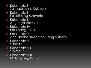    Kabanata I
    Sa Ibabaw ng Kubyerta
   Kabanata II
    Sa Ilalim ng Kubyerta
   Kabanata III
    Ang mga Alamat
   Kabanata IV
    Kabesang Tales
   Kabanata V
    Ang Noche Buena ng Isang Kutsero
   Kabanata VI
    Si Basilio
   Kabanata VII
    Si Simoun
   Kabanata VIII
    Maligayang Pasko
 