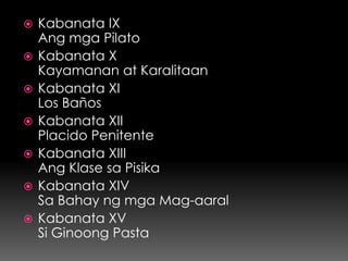    Kabanata IX
    Ang mga Pilato
   Kabanata X
    Kayamanan at Karalitaan
   Kabanata XI
    Los Baños
   Kabanata XII
    Placido Penitente
   Kabanata XIII
    Ang Klase sa Pisika
   Kabanata XIV
    Sa Bahay ng mga Mag-aaral
   Kabanata XV
    Si Ginoong Pasta
 