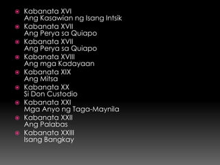    Kabanata XVI
    Ang Kasawian ng Isang Intsik
   Kabanata XVII
    Ang Perya sa Quiapo
   Kabanata XVII
    Ang Perya sa Quiapo
   Kabanata XVIII
    Ang mga Kadayaan
   Kabanata XIX
    Ang Mitsa
   Kabanata XX
    Si Don Custodio
   Kabanata XXI
    Mga Anyo ng Taga-Maynila
   Kabanata XXII
    Ang Palabas
   Kabanata XXIII
    Isang Bangkay
 