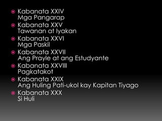    Kabanata XXIV
    Mga Pangarap
   Kabanata XXV
    Tawanan at Iyakan
   Kabanata XXVI
    Mga Paskil
   Kabanata XXVII
    Ang Prayle at ang Estudyante
   Kabanata XXVIII
    Pagkatakot
   Kabanata XXIX
    Ang Huling Pati-ukol kay Kapitan Tiyago
   Kabanata XXX
    Si Huli
 
