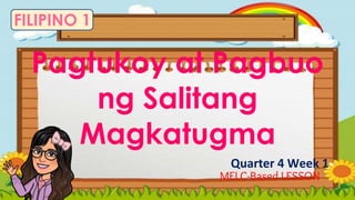 FILIPINO 1
Pagtukoy at Pagbuo
ng Salitang
Magkatugma
Quarter 4 Week 1
MELC-Based LESSON
 