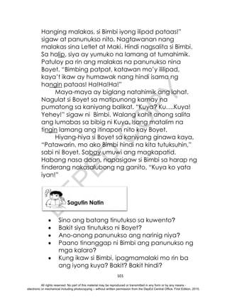 D
E
P
E
D
C
O
P
Y
101
Hanging malakas, si Bimbi iyong ilipad pataas!”
sigaw at panunukso nito. Nagtawanan nang
malakas sina Letlet at Maki. Hindi nagsalita si Bimbi.
Sa halip, siya ay yumuko na lamang at tumahimik.
Patuloy pa rin ang malakas na panunukso nina
Boyet. “Bimbing patpat, katawan mo’y ililipad,
kaya’t ikaw ay humawak nang hindi isama ng
hangin pataas! Ha!Ha!Ha!”
Maya-maya ay biglang natahimik ang lahat.
Nagulat si Boyet sa matipunong kamay na
pumatong sa kaniyang balikat. “Kuya? Ku….Kuya!
Yehey!” sigaw ni Bimbi. Walang kahit anong salita
ang lumabas sa bibig ni Kuya. Isang matalim na
tingin lamang ang itinapon nito kay Boyet.
Hiyang-hiya si Boyet sa kaniyang ginawa kaya,
“Patawarin, mo ako Bimbi hindi na kita tutuksuhin,”
sabi ni Boyet. Sabay umuwi ang magkapatid.
Habang nasa daan, napasigaw si Bimbi sa harap ng
tinderang nakasalubong ng ganito, “Kuya ko yata
iyan!”
 Sino ang batang tinutukso sa kuwento?
 Bakit siya tinutukso ni Boyet?
 Ano-anong panunukso ang narinig niya?
 Paano tinanggap ni Bimbi ang panunukso ng
mga kalaro?
 Kung ikaw si Bimbi, ipagmamalaki mo rin ba
ang iyong kuya? Bakit? Bakit hindi?
All rights reserved. No part of this material may be reproduced or transmitted in any form or by any means -
electronic or mechanical including photocopying – without written permission from the DepEd Central Office. First Edition, 2015.
 