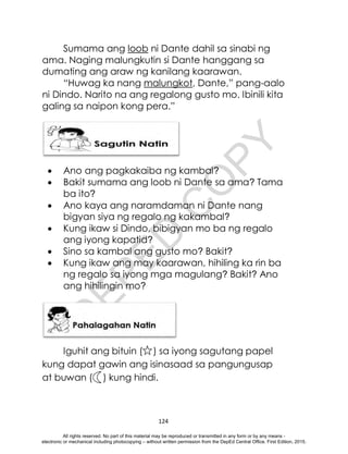 D
E
P
E
D
C
O
P
Y
124
Sumama ang loob ni Dante dahil sa sinabi ng
ama. Naging malungkutin si Dante hanggang sa
dumating ang araw ng kanilang kaarawan.
“Huwag ka nang malungkot, Dante,” pang-aalo
ni Dindo. Narito na ang regalong gusto mo. Ibinili kita
galing sa naipon kong pera.”
 Ano ang pagkakaiba ng kambal?
 Bakit sumama ang loob ni Dante sa ama? Tama
ba ito?
 Ano kaya ang naramdaman ni Dante nang
bigyan siya ng regalo ng kakambal?
 Kung ikaw si Dindo, bibigyan mo ba ng regalo
ang iyong kapatid?
 Sino sa kambal ang gusto mo? Bakit?
 Kung ikaw ang may kaarawan, hihiling ka rin ba
ng regalo sa iyong mga magulang? Bakit? Ano
ang hihilingin mo?
Iguhit ang bituin ( ) sa iyong sagutang papel
kung dapat gawin ang isinasaad sa pangungusap
at buwan ( ) kung hindi.
All rights reserved. No part of this material may be reproduced or transmitted in any form or by any means -
electronic or mechanical including photocopying – without written permission from the DepEd Central Office. First Edition, 2015.
 