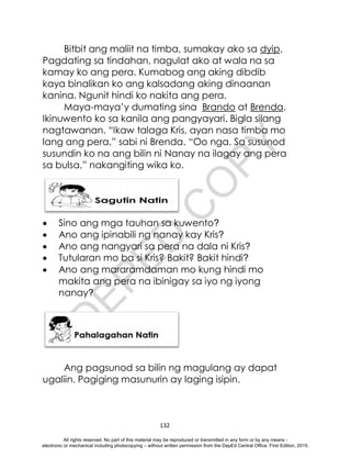 D
E
P
E
D
C
O
P
Y
132
Bitbit ang maliit na timba, sumakay ako sa dyip.
Pagdating sa tindahan, nagulat ako at wala na sa
kamay ko ang pera. Kumabog ang aking dibdib
kaya binalikan ko ang kalsadang aking dinaanan
kanina. Ngunit hindi ko nakita ang pera.
Maya-maya’y dumating sina Brando at Brenda.
Ikinuwento ko sa kanila ang pangyayari. Bigla silang
nagtawanan. “Ikaw talaga Kris, ayan nasa timba mo
lang ang pera,” sabi ni Brenda. “Oo nga. Sa susunod
susundin ko na ang bilin ni Nanay na ilagay ang pera
sa bulsa,” nakangiting wika ko.
 Sino ang mga tauhan sa kuwento?
 Ano ang ipinabili ng nanay kay Kris?
 Ano ang nangyari sa pera na dala ni Kris?
 Tutularan mo ba si Kris? Bakit? Bakit hindi?
 Ano ang mararamdaman mo kung hindi mo
makita ang pera na ibinigay sa iyo ng iyong
nanay?
Ang pagsunod sa bilin ng magulang ay dapat
ugaliin. Pagiging masunurin ay laging isipin.
All rights reserved. No part of this material may be reproduced or transmitted in any form or by any means -
electronic or mechanical including photocopying – without written permission from the DepEd Central Office. First Edition, 2015.
 