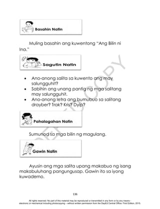 D
E
P
E
D
C
O
P
Y
136
Muling basahin ang kuwentong “Ang Bilin ni
Ina.”
 Ano-anong salita sa kuwento ang may
salungguhit?
 Sabihin ang unang pantig ng mga salitang
may salungguhit.
 Ano-anong letra ang bumubuo sa salitang
drayber? Trak? Kris? Dyip?
Sumunod sa mga bilin ng magulang.
Ayusin ang mga salita upang makabuo ng isang
makabuluhang pangungusap. Gawin ito sa iyong
kuwaderno.
All rights reserved. No part of this material may be reproduced or transmitted in any form or by any means -
electronic or mechanical including photocopying – without written permission from the DepEd Central Office. First Edition, 2015.
 