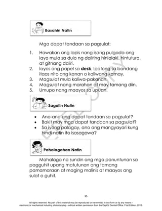 D
E
P
E
D
C
O
P
Y
15
Mga dapat tandaan sa pagsulat:
1. Hawakan ang lapis nang isang pulgada ang
layo mula sa dulo ng daliring hinlalaki, hintuturo,
at gitnang daliri.
2. Iayos ang papel sa desk. Ipatong sa bandang
itaas nito ang kanan o kaliwang kamay.
3. Magsulat mula kaliwa-pakanan.
4. Magsulat nang marahan at may tamang diin.
5. Umupo nang maayos sa upuan.
 Ano-ano ang dapat tandaan sa pagsulat?
 Bakit may mga dapat tandaan sa pagsulat?
 Sa iyong palagay, ano ang mangyayari kung
hindi natin ito isasagawa?
Mahalaga na sundin ang mga panuntunan sa
pagguhit upang matutunan ang tamang
pamamaraan at maging malinis at maayos ang
sulat o guhit.
All rights reserved. No part of this material may be reproduced or transmitted in any form or by any means -
electronic or mechanical including photocopying – without written permission from the DepEd Central Office. First Edition, 2015.
 