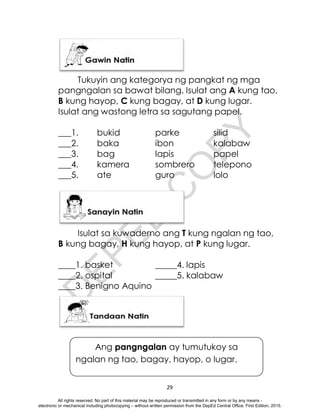 D
E
P
E
D
C
O
P
Y
29
Tukuyin ang kategorya ng pangkat ng mga
pangngalan sa bawat bilang. Isulat ang A kung tao,
B kung hayop, C kung bagay, at D kung lugar.
Isulat ang wastong letra sa sagutang papel.
___1. bukid parke silid
___2. baka ibon kalabaw
___3. bag lapis papel
___4. kamera sombrero telepono
___5. ate guro lolo
Isulat sa kuwaderno ang T kung ngalan ng tao,
B kung bagay, H kung hayop, at P kung lugar.
____1. basket _____4. lapis
____2. ospital _____5. kalabaw
____3. Benigno Aquino
Ang pangngalan ay tumutukoy sa
ngalan ng tao, bagay, hayop, o lugar.
All rights reserved. No part of this material may be reproduced or transmitted in any form or by any means -
electronic or mechanical including photocopying – without written permission from the DepEd Central Office. First Edition, 2015.
 