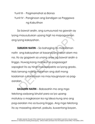D
E
P
E
D
C
O
P
Y
Yunit III - Pagmamahal sa Bansa
Yunit IV - Panginoon ang Sandigan sa Paggawa
ng Kabutihan
Sa bawat aralin, ang sumusunod na gawain ay
iyong masusubukan upang higit na mapagyaman
ang iyong kakayahan.
SUBUKIN NATIN – Sa bahaging ito malalaman
natin ang kakayahan at kasanayang abot-alam mo
na. Ito ay gagawin sa unang araw ng bawat aralin o
linggo. Huwag kang matakot sa pagsasagot
sapagkat ito ay hindi makaaapekto sa iyong grado.
Nais lamang nating malaman ang dati mong
kaalaman o karanasan na may kaugnayan sa pag-
aaralan.
BASAHIN NATIN – Babasahin mo ang mga
tekstong sadyang isinulat para sa iyo upang
matukoy o magkaroon ka ng ideya kung ano ang
pag-aaralan mo sa buong linggo. Ang mga tekstong
ito ay maaaring alamat, pabula, kuwentong bayan,
All rights reserved. No part of this material may be reproduced or transmitted in any form or by any means -
electronic or mechanical including photocopying – without written permission from the DepEd Central Office. First Edition, 2015.
 
