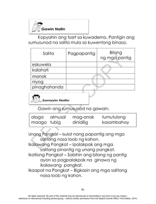 D
E
P
E
D
C
O
P
Y
41
Kopyahin ang tsart sa kuwaderno. Pantigin ang
sumusunod na salita mula sa kuwentong binasa.
Salita Pagpapantig Bilang
ng mga pantig
eskuwela
kalahati
manok
niyog
pinaghahanda
Gawin ang sumusunod na gawain.
Unang Pangkat – Isulat nang papantig ang mga
salitang nasa loob ng kahon.
Ikalawang Pangkat – Ipalakpak ang mga
salitang pinantig ng unang pangkat.
Ikatlong Pangkat – Sabihin ang bilang ng pantig
ayon sa pagpalakpak na ginawa ng
ikalawang pangkat.
Ikaapat na Pangkat – Bigkasin ang mga salitang
nasa loob ng kahon.
alaga almusal mag-anak tumutulong
maaga tubig dinidilig kasambahay
All rights reserved. No part of this material may be reproduced or transmitted in any form or by any means -
electronic or mechanical including photocopying – without written permission from the DepEd Central Office. First Edition, 2015.
 