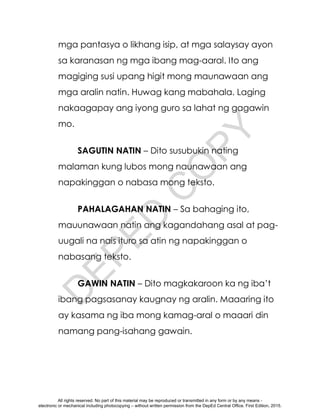 D
E
P
E
D
C
O
P
Y
mga pantasya o likhang isip, at mga salaysay ayon
sa karanasan ng mga ibang mag-aaral. Ito ang
magiging susi upang higit mong maunawaan ang
mga aralin natin. Huwag kang mabahala. Laging
nakaagapay ang iyong guro sa lahat ng gagawin
mo.
SAGUTIN NATIN – Dito susubukin nating
malaman kung lubos mong naunawaan ang
napakinggan o nabasa mong teksto.
PAHALAGAHAN NATIN – Sa bahaging ito,
mauunawaan natin ang kagandahang asal at pag-
uugali na nais ituro sa atin ng napakinggan o
nabasang teksto.
GAWIN NATIN – Dito magkakaroon ka ng iba’t
ibang pagsasanay kaugnay ng aralin. Maaaring ito
ay kasama ng iba mong kamag-aral o maaari din
namang pang-isahang gawain.
All rights reserved. No part of this material may be reproduced or transmitted in any form or by any means -
electronic or mechanical including photocopying – without written permission from the DepEd Central Office. First Edition, 2015.
 