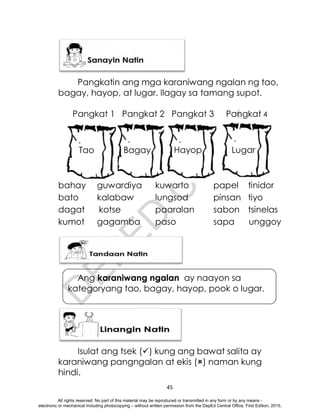 D
E
P
E
D
C
O
P
Y
45
Pangkatin ang mga karaniwang ngalan ng tao,
bagay, hayop, at lugar. Ilagay sa tamang supot.
Pangkat 1 Pangkat 2 Pangkat 3 Pangkat 4
bahay guwardiya kuwarto papel tinidor
bato kalabaw lungsod pinsan tiyo
dagat kotse paaralan sabon tsinelas
kumot gagamba paso sapa unggoy
Ang karaniwang ngalan ay naayon sa
kategoryang tao, bagay, hayop, pook o lugar.
Isulat ang tsek () kung ang bawat salita ay
karaniwang pangngalan at ekis () naman kung
hindi.
Tao Bagay Hayop Lugar
All rights reserved. No part of this material may be reproduced or transmitted in any form or by any means -
electronic or mechanical including photocopying – without written permission from the DepEd Central Office. First Edition, 2015.
 