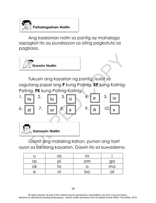 D
E
P
E
D
C
O
P
Y
56
Ang kaalaman natin sa pantig ay mahalaga
sapagkat ito ay pundasyon sa ating pagkatuto sa
pagbasa.
Tukuyin ang kayarian ng pantig. Isulat sa
sagutang papel ang P kung Patinig, KP kung Katinig-
Patinig, PK kung Patinig-Katinig.
1. 2. 3. 4. 5.
6. 7. 8. 9. 10.
Gamit ang malaking kahon, punan ang tsart
ayon sa kanilang kayarian. Gawin ito sa kuwaderno.
u as ro i
as pi om ga
ok to o ma
e ni bo at
ta in
ta
a
a
a
o
o
a
a
a
a
a
lu
u
u
m
m
m
m
m
u
u
u
u
u
u
u
u
at
ta
si
ur
ta
ik
o
o
o
o
o
o
o
o
o
o
o
u
u
u
u
ta
o
All rights reserved. No part of this material may be reproduced or transmitted in any form or by any means -
electronic or mechanical including photocopying – without written permission from the DepEd Central Office. First Edition, 2015.
 