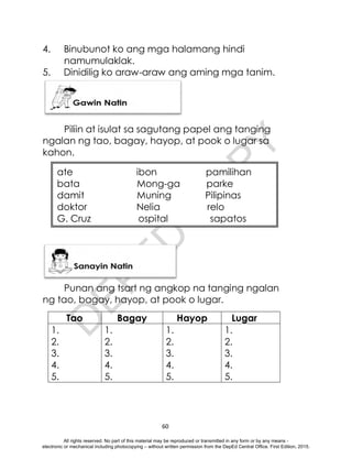 D
E
P
E
D
C
O
P
Y
60
4. Binubunot ko ang mga halamang hindi
namumulaklak.
5. Dinidilig ko araw-araw ang aming mga tanim.
Piliin at isulat sa sagutang papel ang tanging
ngalan ng tao, bagay, hayop, at pook o lugar sa
kahon.
Punan ang tsart ng angkop na tanging ngalan
ng tao, bagay, hayop, at pook o lugar.
Tao Bagay Hayop Lugar
1.
2.
3.
4.
5.
1.
2.
3.
4.
5.
1.
2.
3.
4.
5.
1.
2.
3.
4.
5.
ate ibon pamilihan
bata Mong-ga parke
damit Muning Pilipinas
doktor Nelia relo
G. Cruz ospital sapatos
All rights reserved. No part of this material may be reproduced or transmitted in any form or by any means -
electronic or mechanical including photocopying – without written permission from the DepEd Central Office. First Edition, 2015.
 