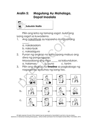 D
E
P
E
D
C
O
P
Y
67
Aralin 5: Magulang Ay Mahalaga,
Dapat Inaalala
Piliin ang letra ng tamang sagot. Isulat ang
iyong sagot sa kuwaderno.
1. Ang nakatitiyak ay kapareho rin ng salitang
_____.
a. nakakaalam
b. naka-iiyak
c. nakasisiguro
2. Punan ng angkop na salita upang mabuo ang
diwa ng pangungusap.
Mayayabong ang mga _____ sa kabundukan.
a. halaman b. puno c. tanim
3. Piliin ang angkop na timeline sa pagbabago ng
nagaganap sa buhay ng isang tao.
a.
b.
c.
All rights reserved. No part of this material may be reproduced or transmitted in any form or by any means -
electronic or mechanical including photocopying – without written permission from the DepEd Central Office. First Edition, 2015.
 