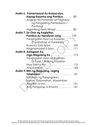 D
E
P
E
D
C
O
P
Y
Aralin 6: Pamamasyal Ay Kasiya-siya,
Kapag Kasama ang Pamilya . . . . . .
Angkop na Pananda sa Pagtukoy
ng Pangalang Pambalana /
Pantangi
Higanteng Ferris Wheel . . . . . . . . . . .
83
83
Aralin 7: Sa Oras ng Kagipitan,
Pamilya Ay Nandiyan Lang . . . . . . .
Pangngalan Ayon sa Kasarian
(Pambabae at Panlalaki)
Kuya Ko Yata Iyan! . . . . . . . . . . . . . .
Nagmamadali si Sara . . . . . . . . . . . .
99
100
111
Aralin 8: Aalagaan Ko,
mga Magulang Ko. . . . . . . . . . . . . . .
Pangngalan Ayon sa Kasarian:
Di-Tiyak / Walang Kasarian
May Sakit si Ina . . . . . . . . . . . . . . . . . .
Ang Kambal . . . . . . . . . . . . . . . . . . . .
115
115
123
Aralin 9: Bilin ng Magulang, Laging
Tatandaan . . . . . . . . . . . . . . . . . . . . .
Kailanan ng Pangngalan:
Isahan, Dalawahan, Maramihan
Ang Bilin ni Ina . . . . . . . . . . . . . . . . . .
Ang Pangarap ni Ernesto . . . . . . . . .
131
131
141
All rights reserved. No part of this material may be reproduced or transmitted in any form or by any means -
electronic or mechanical including photocopying – without written permission from the DepEd Central Office. First Edition, 2015.
 