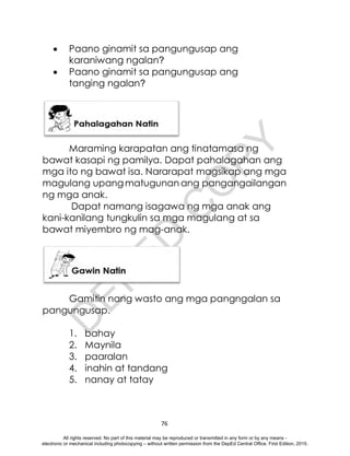 D
E
P
E
D
C
O
P
Y
76
 Paano ginamit sa pangungusap ang
karaniwang ngalan?
 Paano ginamit sa pangungusap ang
tanging ngalan?
Maraming karapatan ang tinatamasa ng
bawat kasapi ng pamilya. Dapat pahalagahan ang
mga ito ng bawat isa. Nararapat magsikap ang mga
magulang upang matugunan ang pangangailangan
ng mga anak.
Dapat namang isagawa ng mga anak ang
kani-kanilang tungkulin sa mga magulang at sa
bawat miyembro ng mag-anak.
Gamitin nang wasto ang mga pangngalan sa
pangungusap.
1. bahay
2. Maynila
3. paaralan
4. inahin at tandang
5. nanay at tatay
All rights reserved. No part of this material may be reproduced or transmitted in any form or by any means -
electronic or mechanical including photocopying – without written permission from the DepEd Central Office. First Edition, 2015.
 