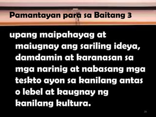 Pamantayan para sa Baitang 3
upang maipahayag at
maiugnay ang sariling ideya,
damdamin at karanasan sa
mga narinig at nabasang mga
teskto ayon sa kanilang antas
o lebel at kaugnay ng
kanilang kultura.
28
 
