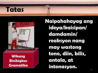 Tatas
Naipahahayag ang
ideya/kaisipan/
damdamin/
reaksyon nang
may wastong
tono, diin, bilis,
antala, at
intonasyon.
Wikang
Binibigkas
Gramatika
33
 