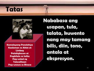 Tatas
Nababasa ang
usapan, tula,
talata, kuwento
nang may tamang
bilis, diin, tono,
antala at
ekspresyon.
Kamalayang Ponolohiya
Kaalaman sa Aklat at
Limbag
Palabigkasan at
Pagkilala sa Salita
Pag-unlad ng
Talasalitaan
Pag-unawa sa Binasa
34
 