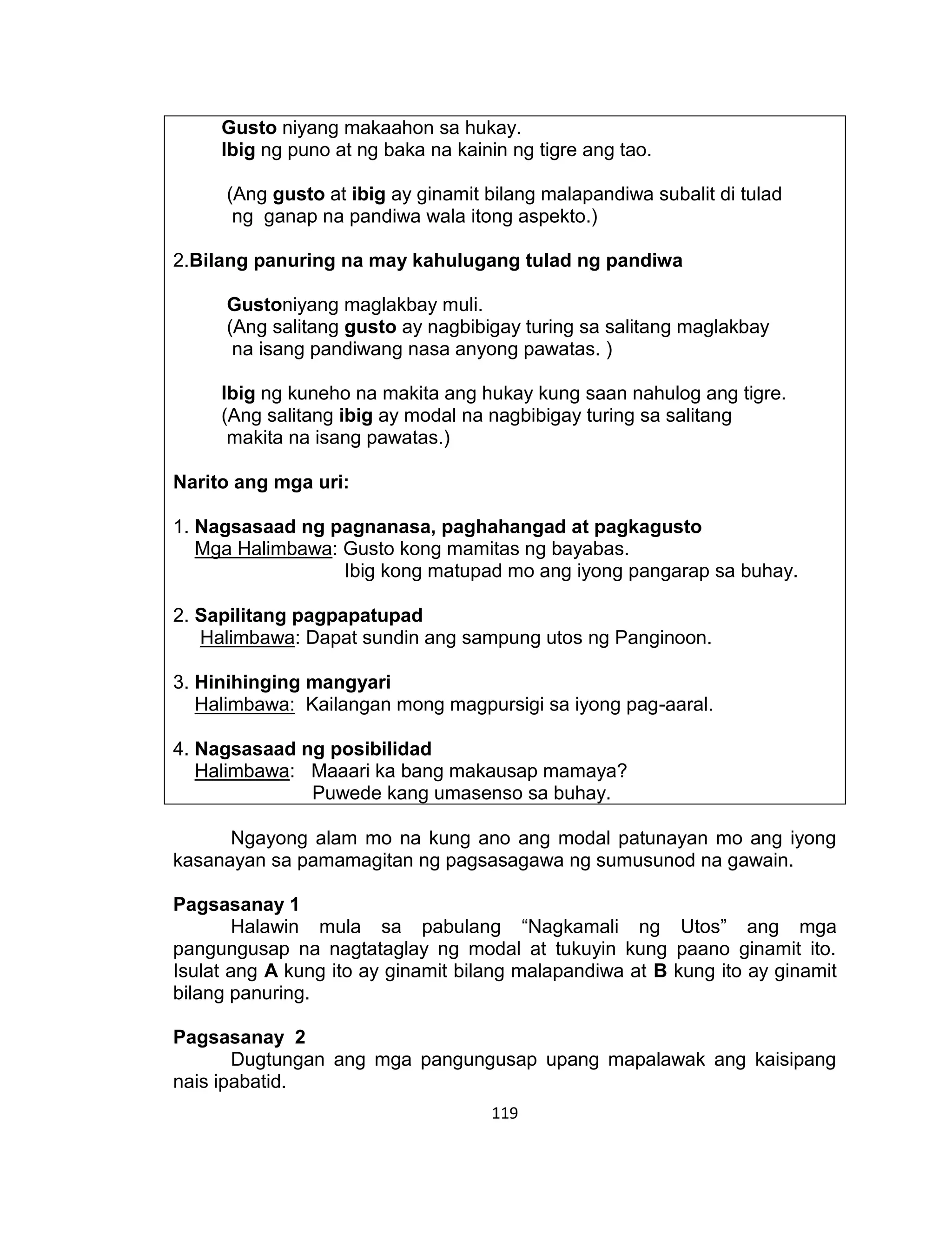 119
Gusto niyang makaahon sa hukay.
Ibig ng puno at ng baka na kainin ng tigre ang tao.
(Ang gusto at ibig ay ginamit bilang malapandiwa subalit di tulad
ng ganap na pandiwa wala itong aspekto.)
2.Bilang panuring na may kahulugang tulad ng pandiwa
Gustoniyang maglakbay muli.
(Ang salitang gusto ay nagbibigay turing sa salitang maglakbay
na isang pandiwang nasa anyong pawatas. )
Ibig ng kuneho na makita ang hukay kung saan nahulog ang tigre.
(Ang salitang ibig ay modal na nagbibigay turing sa salitang
makita na isang pawatas.)
Narito ang mga uri:
1. Nagsasaad ng pagnanasa, paghahangad at pagkagusto
Mga Halimbawa: Gusto kong mamitas ng bayabas.
Ibig kong matupad mo ang iyong pangarap sa buhay.
2. Sapilitang pagpapatupad
Halimbawa: Dapat sundin ang sampung utos ng Panginoon.
3. Hinihinging mangyari
Halimbawa: Kailangan mong magpursigi sa iyong pag-aaral.
4. Nagsasaad ng posibilidad
Halimbawa: Maaari ka bang makausap mamaya?
Puwede kang umasenso sa buhay.
Ngayong alam mo na kung ano ang modal patunayan mo ang iyong
kasanayan sa pamamagitan ng pagsasagawa ng sumusunod na gawain.
Pagsasanay 1
Halawin mula sa pabulang “Nagkamali ng Utos” ang mga
pangungusap na nagtataglay ng modal at tukuyin kung paano ginamit ito.
Isulat ang A kung ito ay ginamit bilang malapandiwa at B kung ito ay ginamit
bilang panuring.
Pagsasanay 2
Dugtungan ang mga pangungusap upang mapalawak ang kaisipang
nais ipabatid.
 