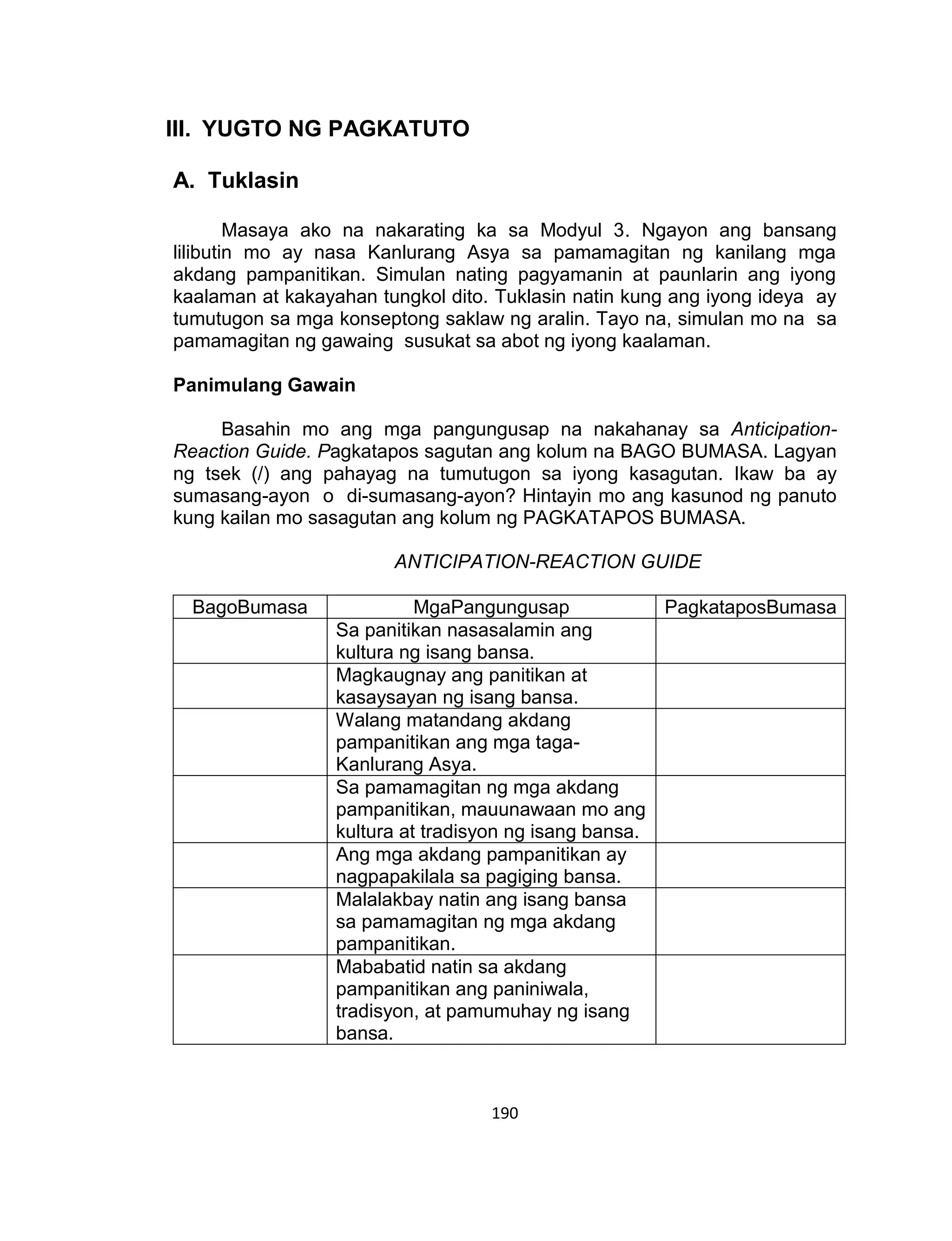 190
III. YUGTO NG PAGKATUTO
A. Tuklasin
Masaya ako na nakarating ka sa Modyul 3. Ngayon ang bansang
lilibutin mo ay nasa Kanlurang Asya sa pamamagitan ng kanilang mga
akdang pampanitikan. Simulan nating pagyamanin at paunlarin ang iyong
kaalaman at kakayahan tungkol dito. Tuklasin natin kung ang iyong ideya ay
tumutugon sa mga konseptong saklaw ng aralin. Tayo na, simulan mo na sa
pamamagitan ng gawaing susukat sa abot ng iyong kaalaman.
Panimulang Gawain
Basahin mo ang mga pangungusap na nakahanay sa Anticipation-
Reaction Guide. Pagkatapos sagutan ang kolum na BAGO BUMASA. Lagyan
ng tsek (/) ang pahayag na tumutugon sa iyong kasagutan. Ikaw ba ay
sumasang-ayon o di-sumasang-ayon? Hintayin mo ang kasunod ng panuto
kung kailan mo sasagutan ang kolum ng PAGKATAPOS BUMASA.
ANTICIPATION-REACTION GUIDE
BagoBumasa MgaPangungusap PagkataposBumasa
Sa panitikan nasasalamin ang
kultura ng isang bansa.
Magkaugnay ang panitikan at
kasaysayan ng isang bansa.
Walang matandang akdang
pampanitikan ang mga taga-
Kanlurang Asya.
Sa pamamagitan ng mga akdang
pampanitikan, mauunawaan mo ang
kultura at tradisyon ng isang bansa.
Ang mga akdang pampanitikan ay
nagpapakilala sa pagiging bansa.
Malalakbay natin ang isang bansa
sa pamamagitan ng mga akdang
pampanitikan.
Mababatid natin sa akdang
pampanitikan ang paniniwala,
tradisyon, at pamumuhay ng isang
bansa.
 