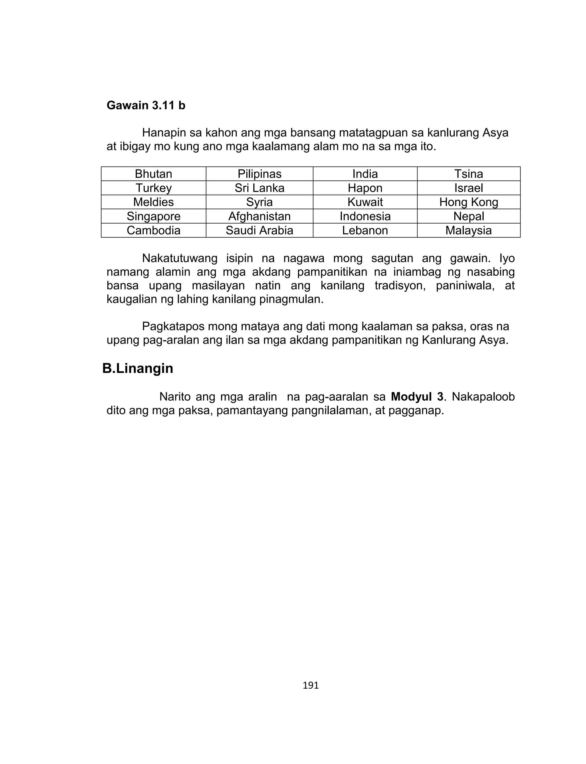 191
Gawain 3.11 b
Hanapin sa kahon ang mga bansang matatagpuan sa kanlurang Asya
at ibigay mo kung ano mga kaalamang alam mo na sa mga ito.
Bhutan Pilipinas India Tsina
Turkey Sri Lanka Hapon Israel
Meldies Syria Kuwait Hong Kong
Singapore Afghanistan Indonesia Nepal
Cambodia Saudi Arabia Lebanon Malaysia
Nakatutuwang isipin na nagawa mong sagutan ang gawain. Iyo
namang alamin ang mga akdang pampanitikan na iniambag ng nasabing
bansa upang masilayan natin ang kanilang tradisyon, paniniwala, at
kaugalian ng lahing kanilang pinagmulan.
Pagkatapos mong mataya ang dati mong kaalaman sa paksa, oras na
upang pag-aralan ang ilan sa mga akdang pampanitikan ng Kanlurang Asya.
B.Linangin
Narito ang mga aralin na pag-aaralan sa Modyul 3. Nakapaloob
dito ang mga paksa, pamantayang pangnilalaman, at pagganap.
 