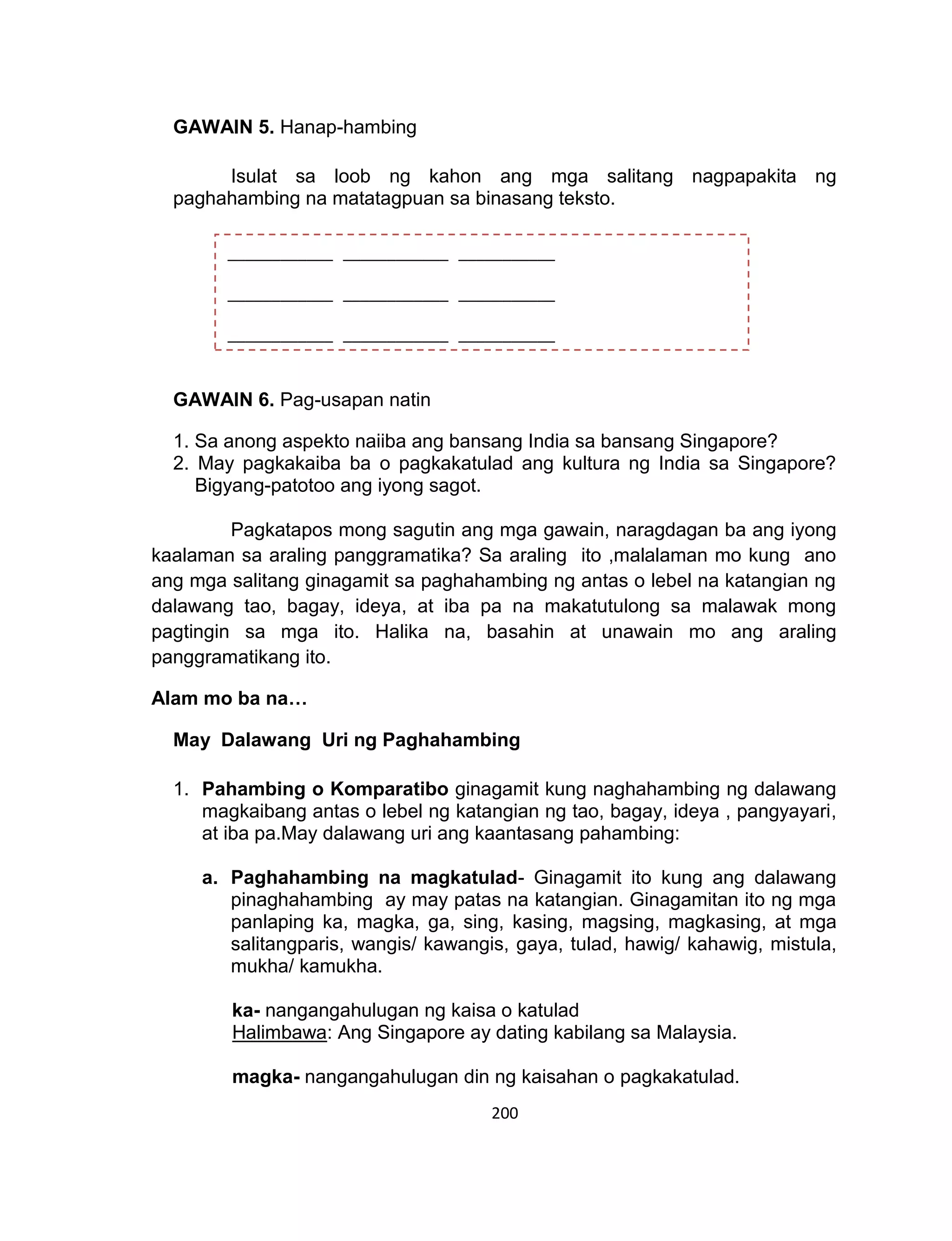 200
GAWAIN 5. Hanap-hambing
Isulat sa loob ng kahon ang mga salitang nagpapakita ng
paghahambing na matatagpuan sa binasang teksto.
GAWAIN 6. Pag-usapan natin
1. Sa anong aspekto naiiba ang bansang India sa bansang Singapore?
2. May pagkakaiba ba o pagkakatulad ang kultura ng India sa Singapore?
Bigyang-patotoo ang iyong sagot.
Pagkatapos mong sagutin ang mga gawain, naragdagan ba ang iyong
kaalaman sa araling panggramatika? Sa araling ito ,malalaman mo kung ano
ang mga salitang ginagamit sa paghahambing ng antas o lebel na katangian ng
dalawang tao, bagay, ideya, at iba pa na makatutulong sa malawak mong
pagtingin sa mga ito. Halika na, basahin at unawain mo ang araling
panggramatikang ito.
Alam mo ba na…
May Dalawang Uri ng Paghahambing
1. Pahambing o Komparatibo ginagamit kung naghahambing ng dalawang
magkaibang antas o lebel ng katangian ng tao, bagay, ideya , pangyayari,
at iba pa.May dalawang uri ang kaantasang pahambing:
a. Paghahambing na magkatulad- Ginagamit ito kung ang dalawang
pinaghahambing ay may patas na katangian. Ginagamitan ito ng mga
panlaping ka, magka, ga, sing, kasing, magsing, magkasing, at mga
salitangparis, wangis/ kawangis, gaya, tulad, hawig/ kahawig, mistula,
mukha/ kamukha.
ka- nangangahulugan ng kaisa o katulad
Halimbawa: Ang Singapore ay dating kabilang sa Malaysia.
magka- nangangahulugan din ng kaisahan o pagkakatulad.
____________ ____________ ___________
____________ ____________ ___________
____________ ____________ ___________
____________ ____________ ___________
 