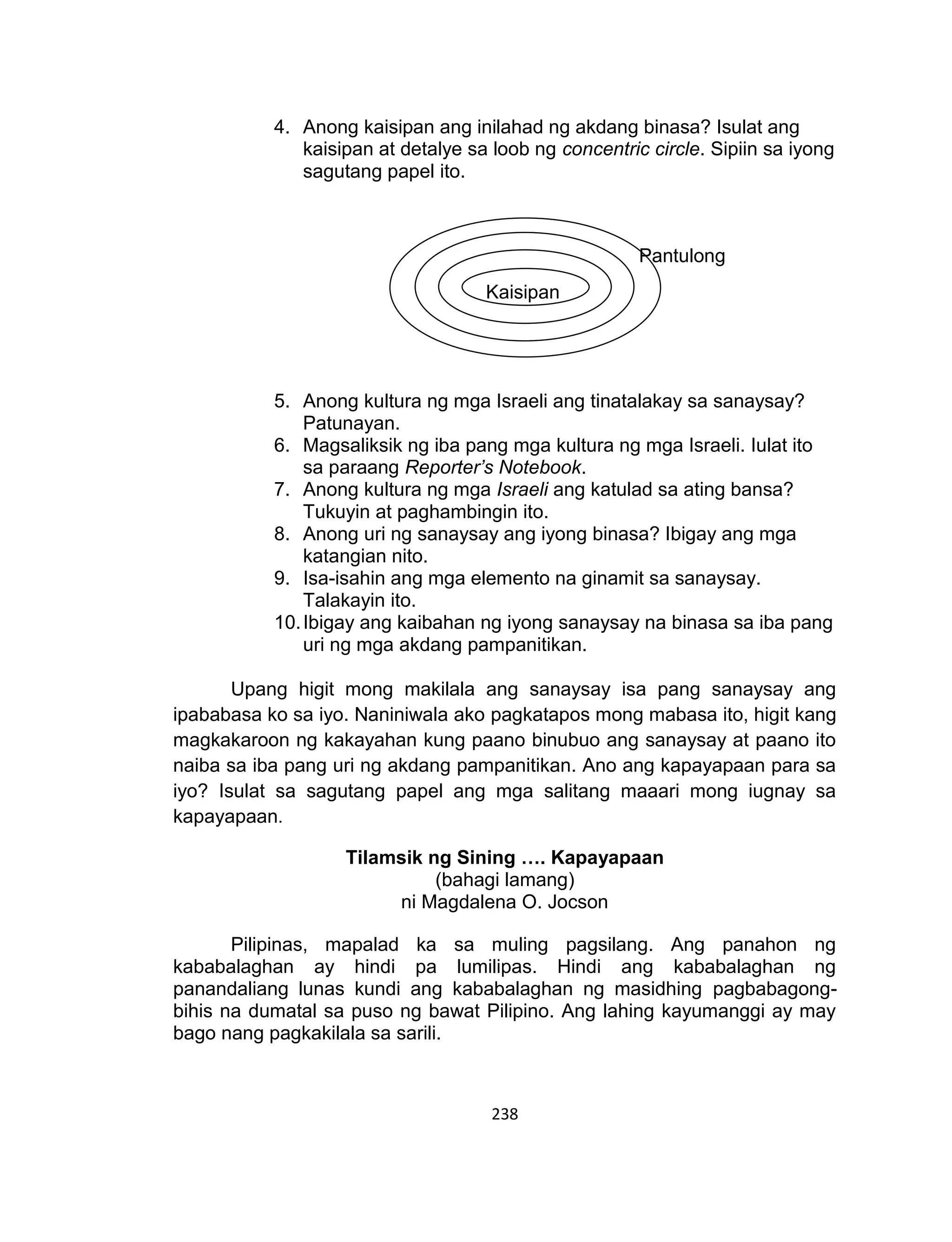 238
4. Anong kaisipan ang inilahad ng akdang binasa? Isulat ang
kaisipan at detalye sa loob ng concentric circle. Sipiin sa iyong
sagutang papel ito.
5. Anong kultura ng mga Israeli ang tinatalakay sa sanaysay?
Patunayan.
6. Magsaliksik ng iba pang mga kultura ng mga Israeli. Iulat ito
sa paraang Reporter’s Notebook.
7. Anong kultura ng mga Israeli ang katulad sa ating bansa?
Tukuyin at paghambingin ito.
8. Anong uri ng sanaysay ang iyong binasa? Ibigay ang mga
katangian nito.
9. Isa-isahin ang mga elemento na ginamit sa sanaysay.
Talakayin ito.
10.Ibigay ang kaibahan ng iyong sanaysay na binasa sa iba pang
uri ng mga akdang pampanitikan.
Upang higit mong makilala ang sanaysay isa pang sanaysay ang
ipababasa ko sa iyo. Naniniwala ako pagkatapos mong mabasa ito, higit kang
magkakaroon ng kakayahan kung paano binubuo ang sanaysay at paano ito
naiba sa iba pang uri ng akdang pampanitikan. Ano ang kapayapaan para sa
iyo? Isulat sa sagutang papel ang mga salitang maaari mong iugnay sa
kapayapaan.
Tilamsik ng Sining …. Kapayapaan
(bahagi lamang)
ni Magdalena O. Jocson
Pilipinas, mapalad ka sa muling pagsilang. Ang panahon ng
kababalaghan ay hindi pa lumilipas. Hindi ang kababalaghan ng
panandaliang lunas kundi ang kababalaghan ng masidhing pagbabagong-
bihis na dumatal sa puso ng bawat Pilipino. Ang lahing kayumanggi ay may
bago nang pagkakilala sa sarili.
Kaisipan
Pantulong
 