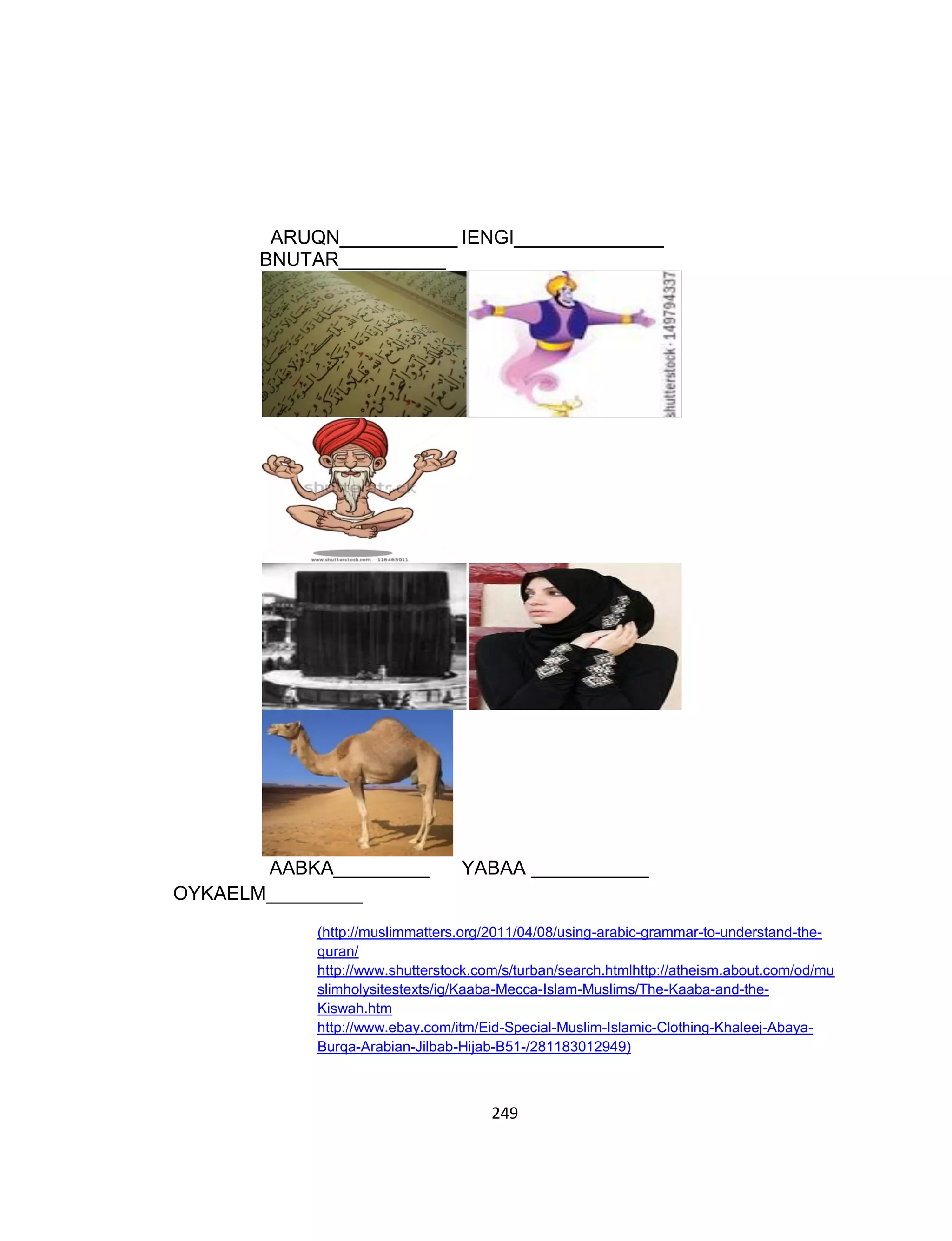 249
ARUQN___________ IENGI______________
BNUTAR__________
AABKA_________ YABAA ___________
OYKAELM_________
(http://muslimmatters.org/2011/04/08/using-arabic-grammar-to-understand-the-
quran/
http://www.shutterstock.com/s/turban/search.htmlhttp://atheism.about.com/od/mu
slimholysitestexts/ig/Kaaba-Mecca-Islam-Muslims/The-Kaaba-and-the-
Kiswah.htm
http://www.ebay.com/itm/Eid-Special-Muslim-Islamic-Clothing-Khaleej-Abaya-
Burqa-Arabian-Jilbab-Hijab-B51-/281183012949)
 