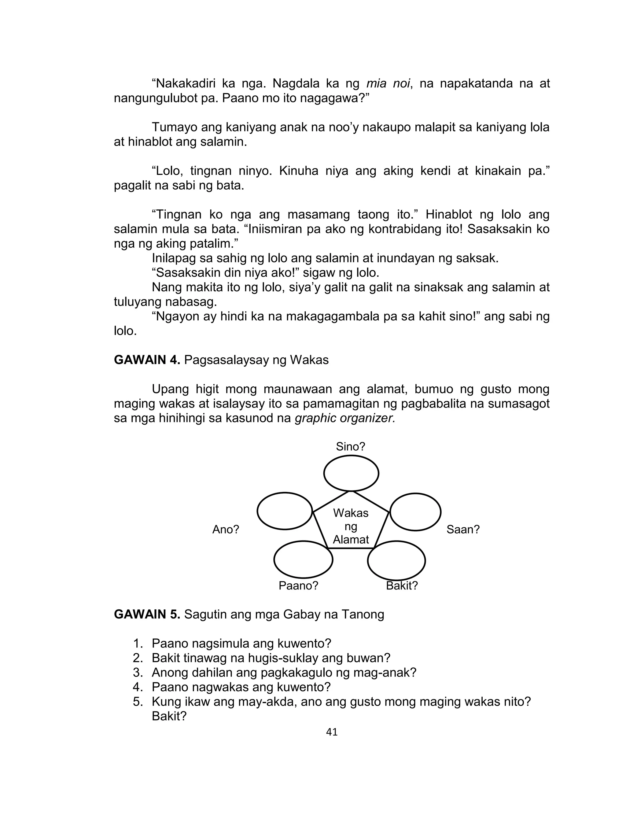 41
“Nakakadiri ka nga. Nagdala ka ng mia noi, na napakatanda na at
nangungulubot pa. Paano mo ito nagagawa?”
Tumayo ang kaniyang anak na noo’y nakaupo malapit sa kaniyang lola
at hinablot ang salamin.
“Lolo, tingnan ninyo. Kinuha niya ang aking kendi at kinakain pa.”
pagalit na sabi ng bata.
“Tingnan ko nga ang masamang taong ito.” Hinablot ng lolo ang
salamin mula sa bata. “Iniismiran pa ako ng kontrabidang ito! Sasaksakin ko
nga ng aking patalim.”
Inilapag sa sahig ng lolo ang salamin at inundayan ng saksak.
“Sasaksakin din niya ako!” sigaw ng lolo.
Nang makita ito ng lolo, siya’y galit na galit na sinaksak ang salamin at
tuluyang nabasag.
“Ngayon ay hindi ka na makagagambala pa sa kahit sino!” ang sabi ng
lolo.
GAWAIN 4. Pagsasalaysay ng Wakas
Upang higit mong maunawaan ang alamat, bumuo ng gusto mong
maging wakas at isalaysay ito sa pamamagitan ng pagbabalita na sumasagot
sa mga hinihingi sa kasunod na graphic organizer.
Sino?
Ano? Saan?
Paano? Bakit?
GAWAIN 5. Sagutin ang mga Gabay na Tanong
1. Paano nagsimula ang kuwento?
2. Bakit tinawag na hugis-suklay ang buwan?
3. Anong dahilan ang pagkakagulo ng mag-anak?
4. Paano nagwakas ang kuwento?
5. Kung ikaw ang may-akda, ano ang gusto mong maging wakas nito?
Bakit?
Wakas
ng
Alamat
 