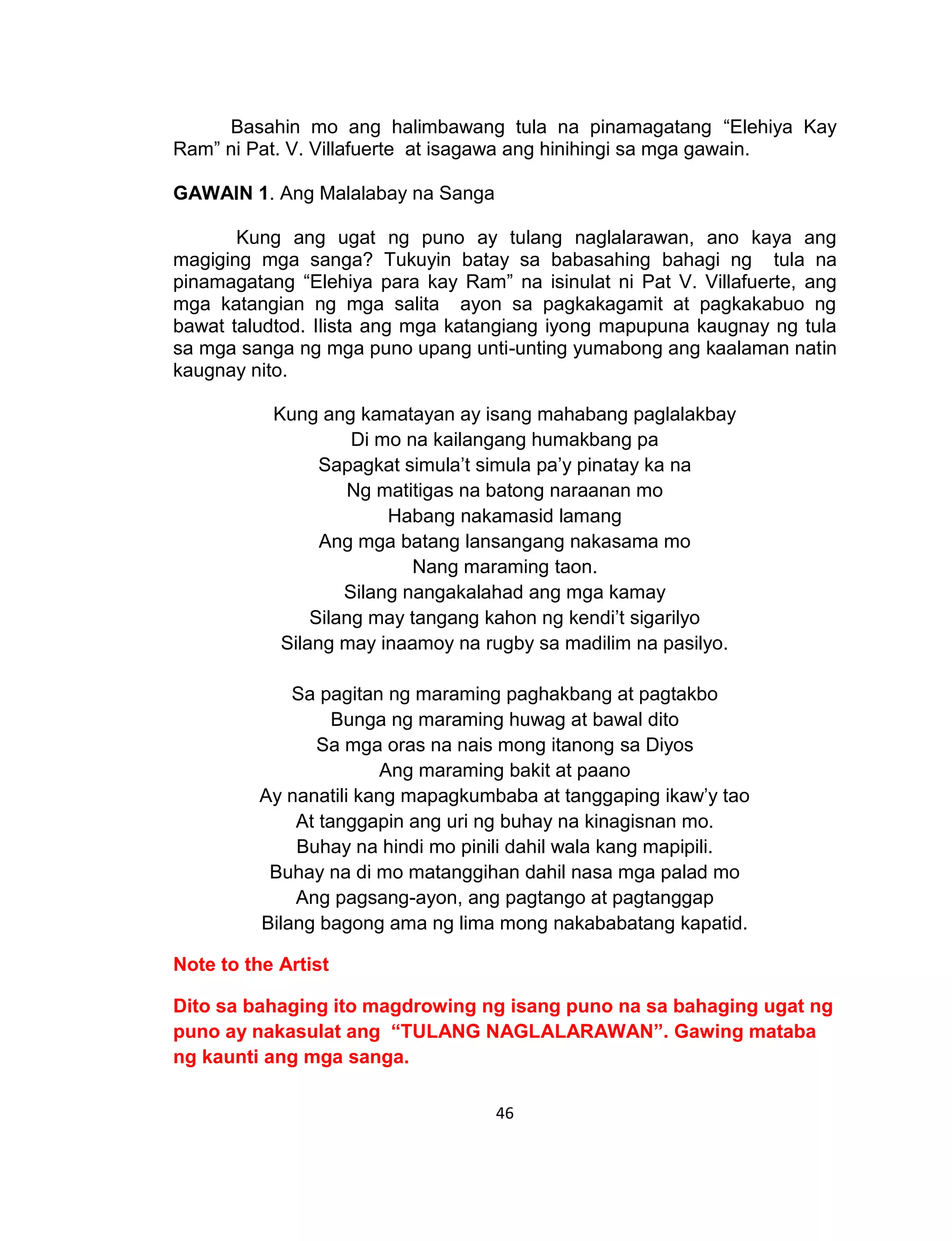46
Basahin mo ang halimbawang tula na pinamagatang “Elehiya Kay
Ram” ni Pat. V. Villafuerte at isagawa ang hinihingi sa mga gawain.
GAWAIN 1. Ang Malalabay na Sanga
Kung ang ugat ng puno ay tulang naglalarawan, ano kaya ang
magiging mga sanga? Tukuyin batay sa babasahing bahagi ng tula na
pinamagatang “Elehiya para kay Ram” na isinulat ni Pat V. Villafuerte, ang
mga katangian ng mga salita ayon sa pagkakagamit at pagkakabuo ng
bawat taludtod. Ilista ang mga katangiang iyong mapupuna kaugnay ng tula
sa mga sanga ng mga puno upang unti-unting yumabong ang kaalaman natin
kaugnay nito.
Kung ang kamatayan ay isang mahabang paglalakbay
Di mo na kailangang humakbang pa
Sapagkat simula’t simula pa’y pinatay ka na
Ng matitigas na batong naraanan mo
Habang nakamasid lamang
Ang mga batang lansangang nakasama mo
Nang maraming taon.
Silang nangakalahad ang mga kamay
Silang may tangang kahon ng kendi’t sigarilyo
Silang may inaamoy na rugby sa madilim na pasilyo.
Sa pagitan ng maraming paghakbang at pagtakbo
Bunga ng maraming huwag at bawal dito
Sa mga oras na nais mong itanong sa Diyos
Ang maraming bakit at paano
Ay nanatili kang mapagkumbaba at tanggaping ikaw’y tao
At tanggapin ang uri ng buhay na kinagisnan mo.
Buhay na hindi mo pinili dahil wala kang mapipili.
Buhay na di mo matanggihan dahil nasa mga palad mo
Ang pagsang-ayon, ang pagtango at pagtanggap
Bilang bagong ama ng lima mong nakababatang kapatid.
Note to the Artist
Dito sa bahaging ito magdrowing ng isang puno na sa bahaging ugat ng
puno ay nakasulat ang “TULANG NAGLALARAWAN”. Gawing mataba
ng kaunti ang mga sanga.
 