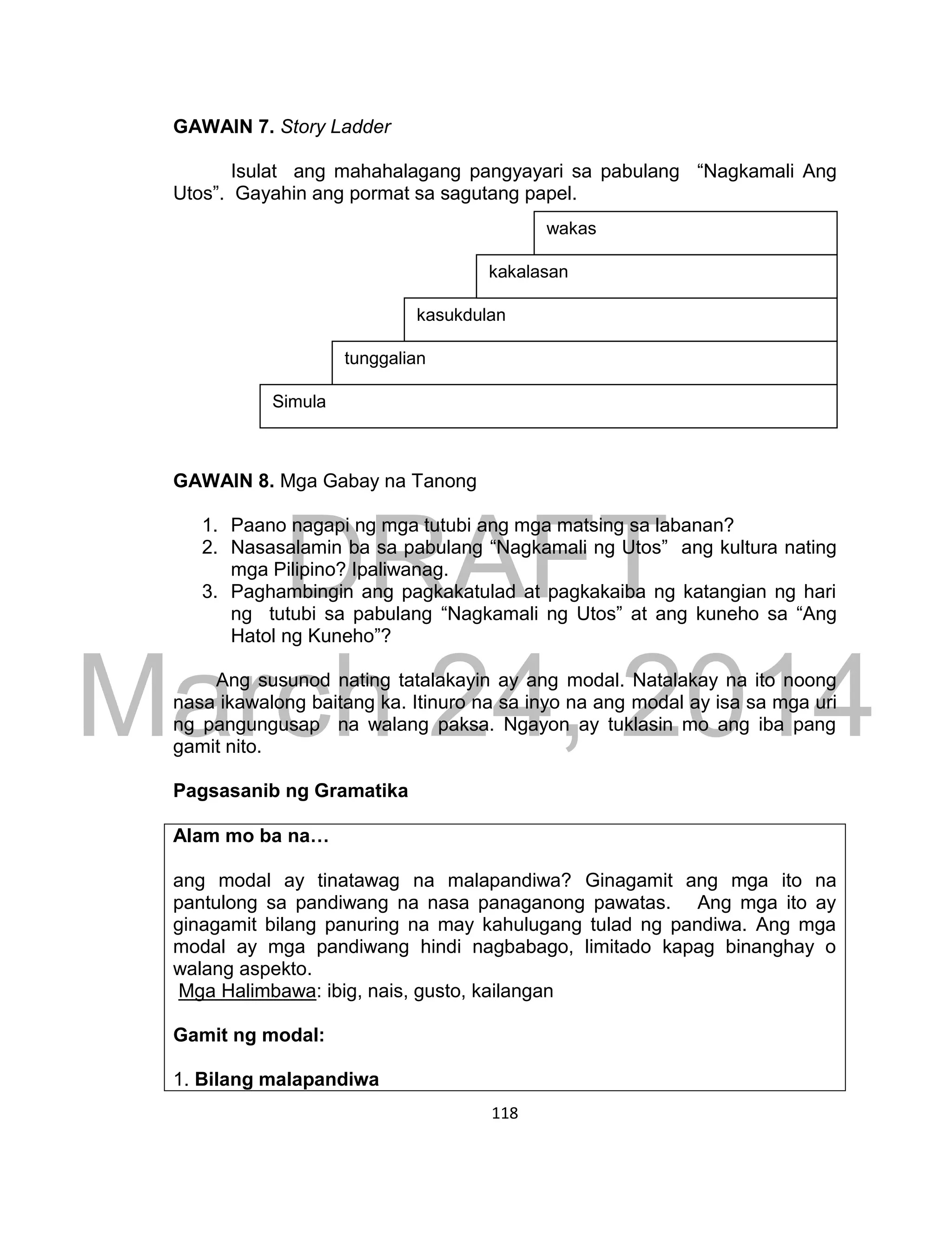 DRAFT
March 24, 2014
118
GAWAIN 7. Story Ladder
Isulat ang mahahalagang pangyayari sa pabulang “Nagkamali Ang
Utos”. Gayahin ang pormat sa sagutang papel.
GAWAIN 8. Mga Gabay na Tanong
1. Paano nagapi ng mga tutubi ang mga matsing sa labanan?
2. Nasasalamin ba sa pabulang “Nagkamali ng Utos” ang kultura nating
mga Pilipino? Ipaliwanag.
3. Paghambingin ang pagkakatulad at pagkakaiba ng katangian ng hari
ng tutubi sa pabulang “Nagkamali ng Utos” at ang kuneho sa “Ang
Hatol ng Kuneho”?
Ang susunod nating tatalakayin ay ang modal. Natalakay na ito noong
nasa ikawalong baitang ka. Itinuro na sa inyo na ang modal ay isa sa mga uri
ng pangungusap na walang paksa. Ngayon ay tuklasin mo ang iba pang
gamit nito.
Pagsasanib ng Gramatika
Alam mo ba na…
ang modal ay tinatawag na malapandiwa? Ginagamit ang mga ito na
pantulong sa pandiwang na nasa panaganong pawatas. Ang mga ito ay
ginagamit bilang panuring na may kahulugang tulad ng pandiwa. Ang mga
modal ay mga pandiwang hindi nagbabago, limitado kapag binanghay o
walang aspekto.
Mga Halimbawa: ibig, nais, gusto, kailangan
Gamit ng modal:
1. Bilang malapandiwa
wakas
kasukdulan
tunggalian
Simula
kakalasan
 
