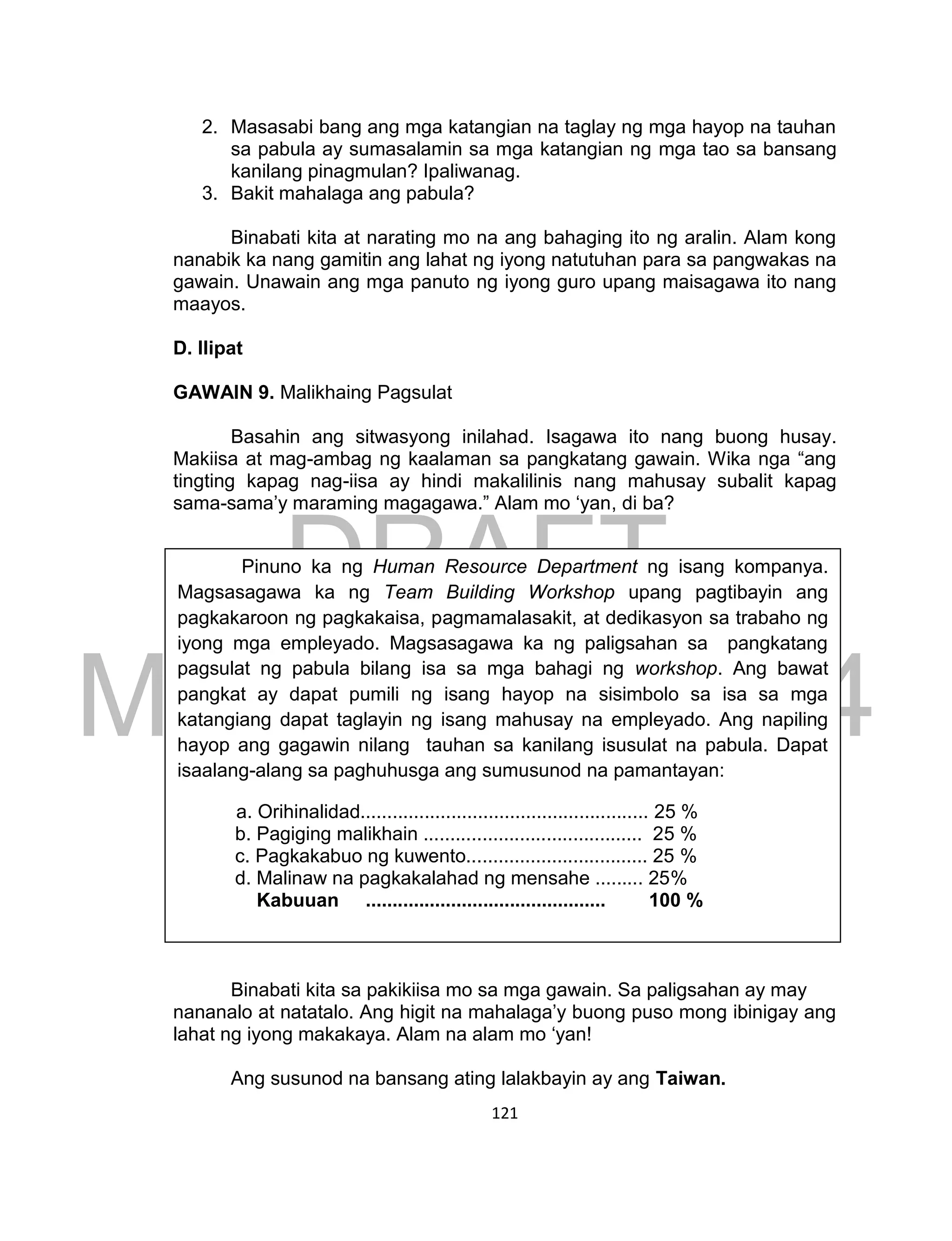 DRAFT
March 24, 2014
121
2. Masasabi bang ang mga katangian na taglay ng mga hayop na tauhan
sa pabula ay sumasalamin sa mga katangian ng mga tao sa bansang
kanilang pinagmulan? Ipaliwanag.
3. Bakit mahalaga ang pabula?
Binabati kita at narating mo na ang bahaging ito ng aralin. Alam kong
nanabik ka nang gamitin ang lahat ng iyong natutuhan para sa pangwakas na
gawain. Unawain ang mga panuto ng iyong guro upang maisagawa ito nang
maayos.
D. Ilipat
GAWAIN 9. Malikhaing Pagsulat
Basahin ang sitwasyong inilahad. Isagawa ito nang buong husay.
Makiisa at mag-ambag ng kaalaman sa pangkatang gawain. Wika nga “ang
tingting kapag nag-iisa ay hindi makalilinis nang mahusay subalit kapag
sama-sama’y maraming magagawa.” Alam mo ‘yan, di ba?
Binabati kita sa pakikiisa mo sa mga gawain. Sa paligsahan ay may
nananalo at natatalo. Ang higit na mahalaga’y buong puso mong ibinigay ang
lahat ng iyong makakaya. Alam na alam mo ‘yan!
Ang susunod na bansang ating lalakbayin ay ang Taiwan.
Pinuno ka ng Human Resource Department ng isang kompanya.
Magsasagawa ka ng Team Building Workshop upang pagtibayin ang
pagkakaroon ng pagkakaisa, pagmamalasakit, at dedikasyon sa trabaho ng
iyong mga empleyado. Magsasagawa ka ng paligsahan sa pangkatang
pagsulat ng pabula bilang isa sa mga bahagi ng workshop. Ang bawat
pangkat ay dapat pumili ng isang hayop na sisimbolo sa isa sa mga
katangiang dapat taglayin ng isang mahusay na empleyado. Ang napiling
hayop ang gagawin nilang tauhan sa kanilang isusulat na pabula. Dapat
isaalang-alang sa paghuhusga ang sumusunod na pamantayan:
a. Orihinalidad...................................................... 25 %
b. Pagiging malikhain ......................................... 25 %
c. Pagkakabuo ng kuwento.................................. 25 %
d. Malinaw na pagkakalahad ng mensahe ......... 25%
Kabuuan ............................................. 100 %
 